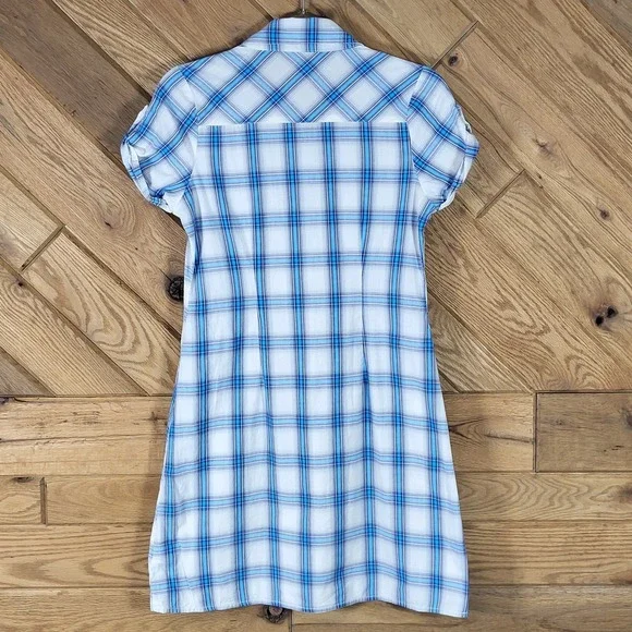 L.E.I. Shirt Dress Women Junior M Plaid Button Front Short Sleeve Blue White - Picture 4 of 9